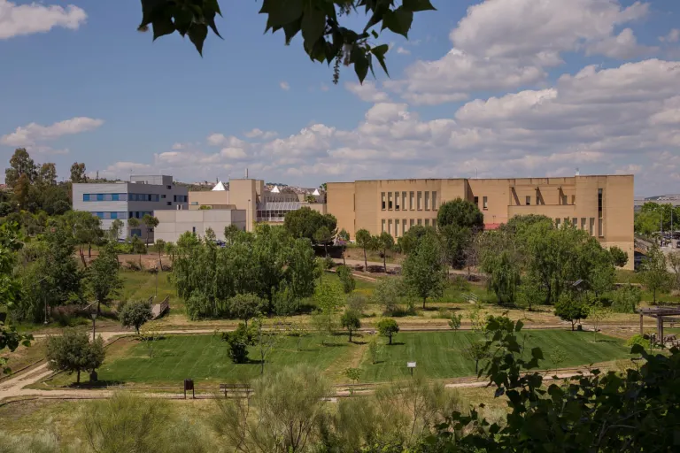 Vista panorámica de varios edificios del campus de Cáceres de la Universidad de Extremadura, entre árboles y zonas verdes