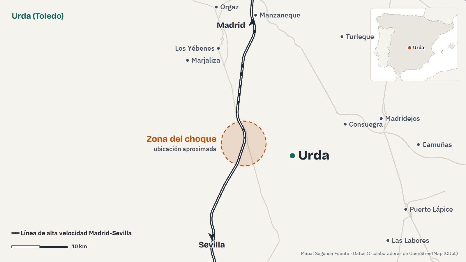 Mapa de la línea de alta velocidad Madrid-Sevilla entre Los Yébenes y Urda, en Toledo, con un círculo que marca la zona aproximada del choque al oeste de Urda