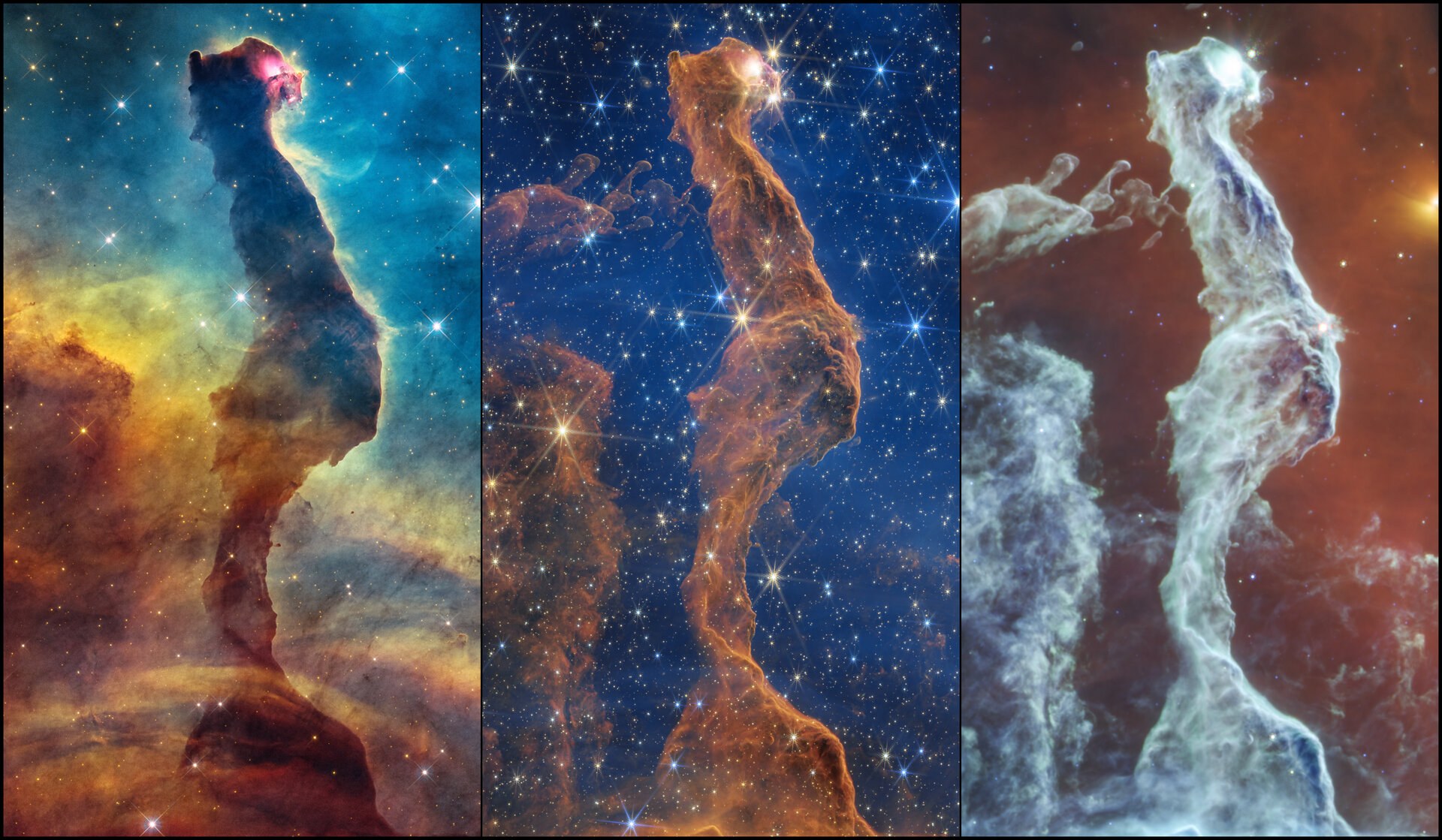 Tres vistas de una columna alargada de polvo y gas con forma de gato sentado: en luz visible, en tonos marrones sobre un fondo azul y amarillo; en infrarrojo cercano, anaranjada entre muchas estrellas; y en infrarrojo medio, blanquecina sobre fondo rojizo