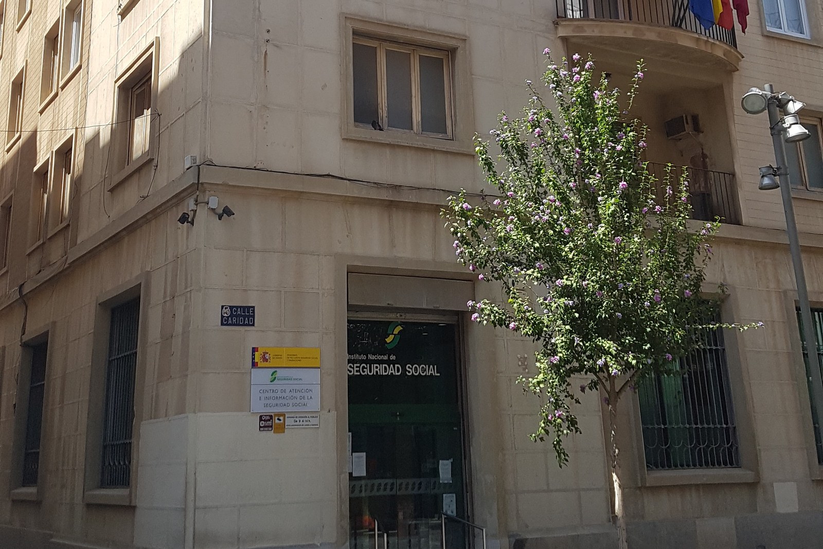 Entrada de una oficina de la Seguridad Social en un edificio de piedra clara con balcones, banderas en un balcón y un árbol joven en la acera